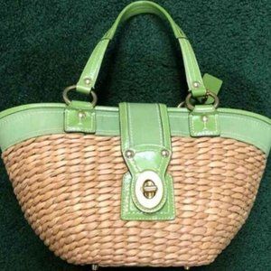 Coach Green Wicker Basket Purse Tote Satchel Turnlock  EUC